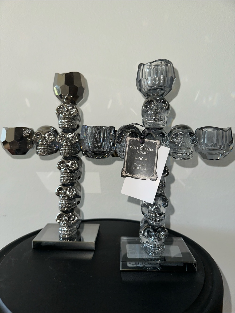Crystal Silver Skull Cross Candle Holder set